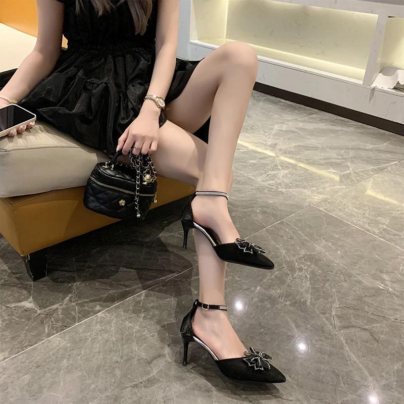 Rhinestone Bow High Heels Women 2024 New Spring and Autumn Pointy Net Red Packet Head Stiletto Sandals Fairy Wind