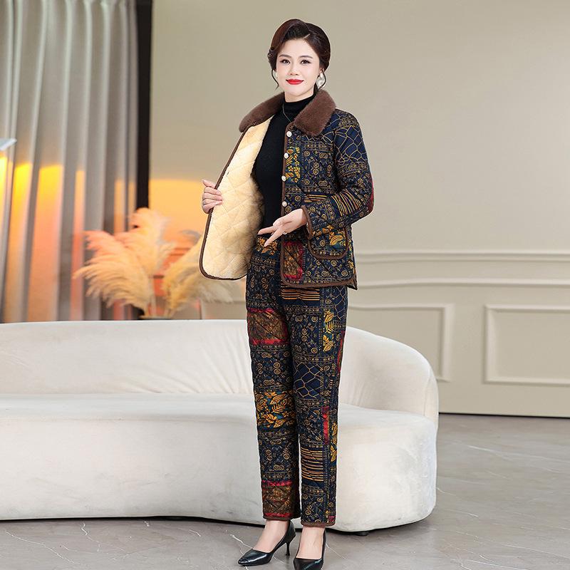 Velvet-Lined Winter Cotton Coat & Pants Set for Moms