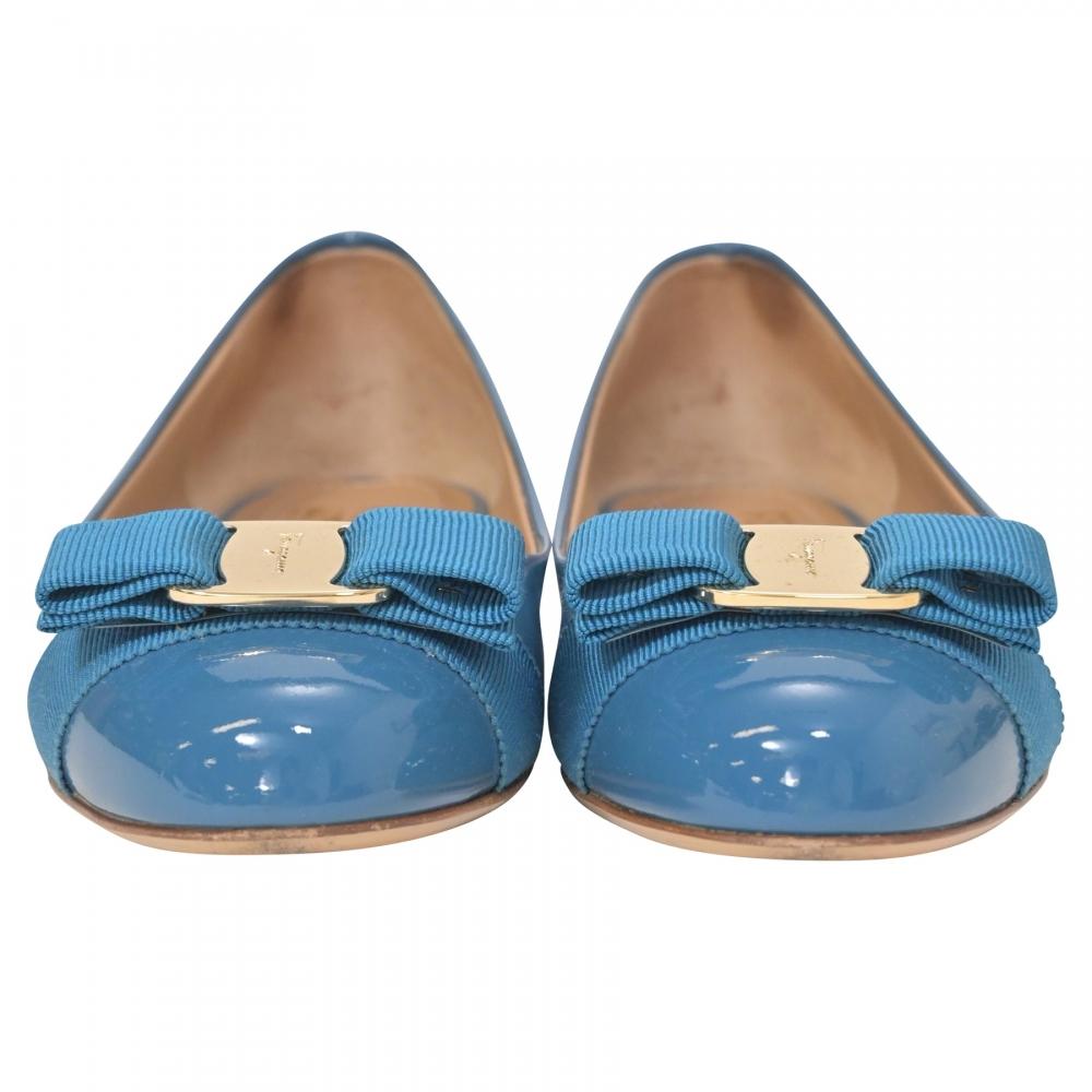 Salvatore Ferragamo VarIna Bow Ballet In Blue Patent Leather Blue