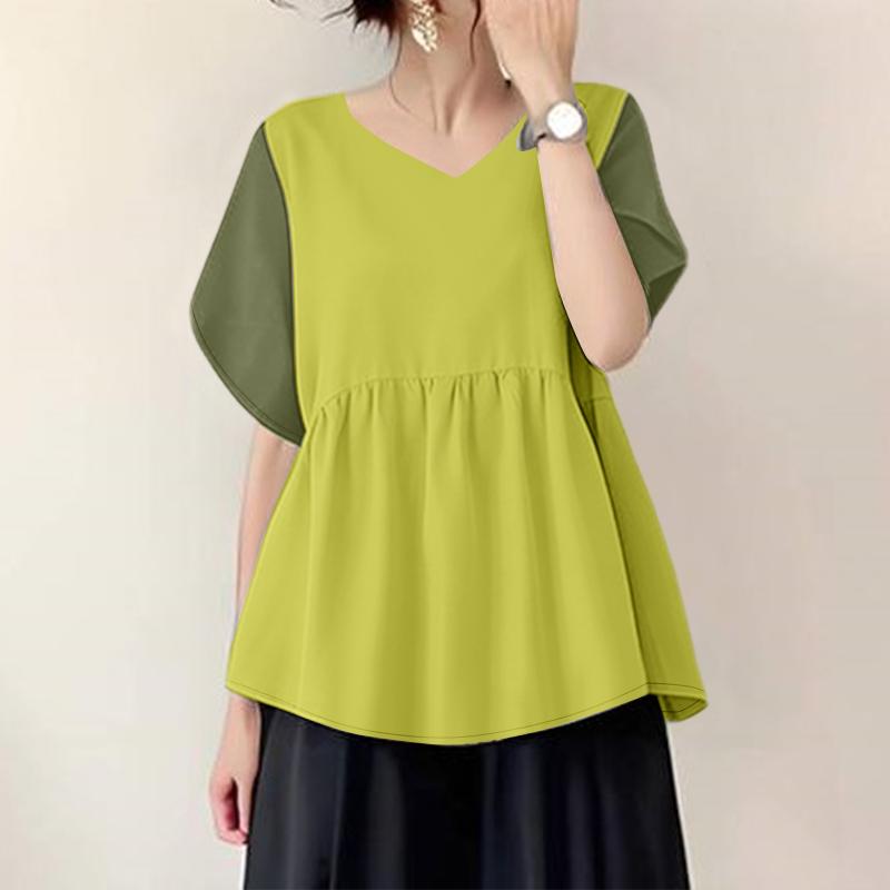 ZANZEA Women Casual V-Neck Patchwork Short Sleeve Loose Blouse