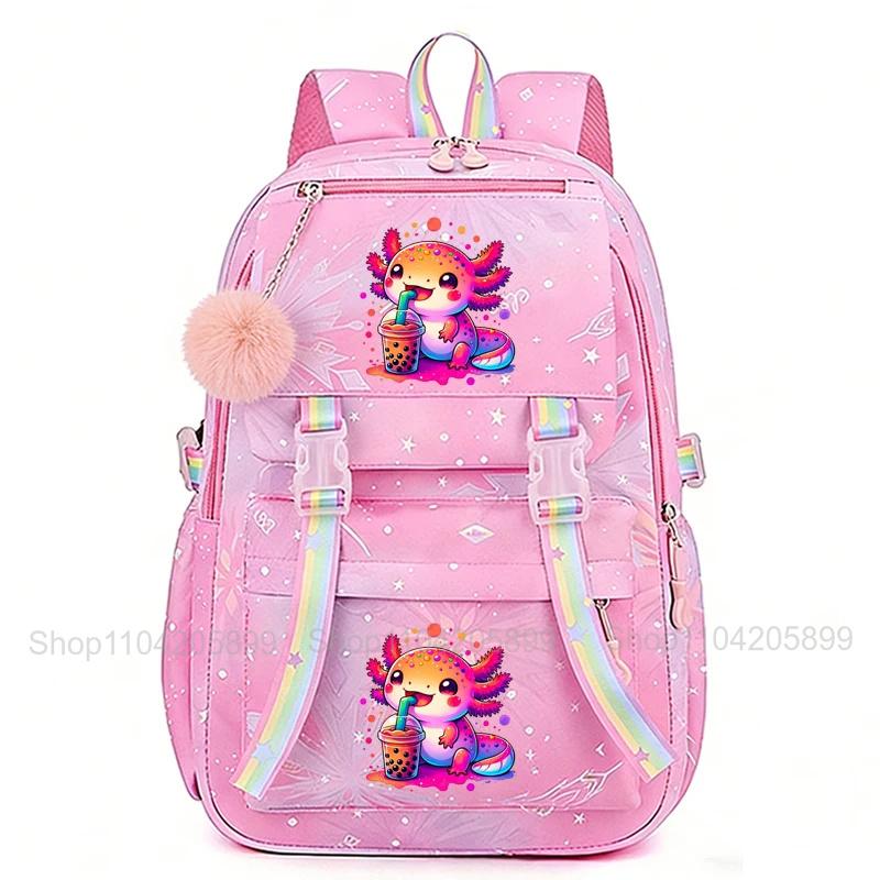 Zaino Boba Axolotl Arcobaleno Carino Cartone Animato Mochi Zaino Scolastico per Ragazze Zaino Giornaliero Casual Grande Leggero Zaino per Libri