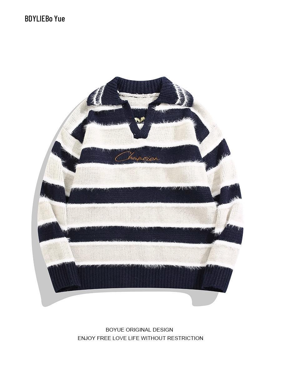 Унисекс вязаный свитер Bo Yue Fu Gu с контрастной полосой и воротником из искусственного меха Large чёрный 2190₽