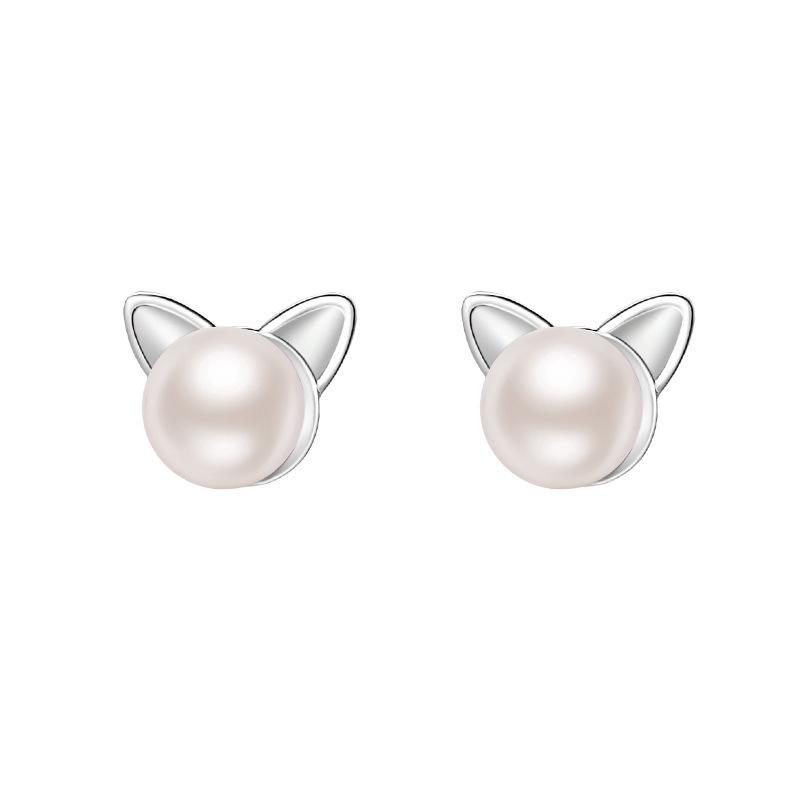 Cat Pearl Earrings Cute Small Cat Earrings Niche Design Feeling Ear Piercing Style