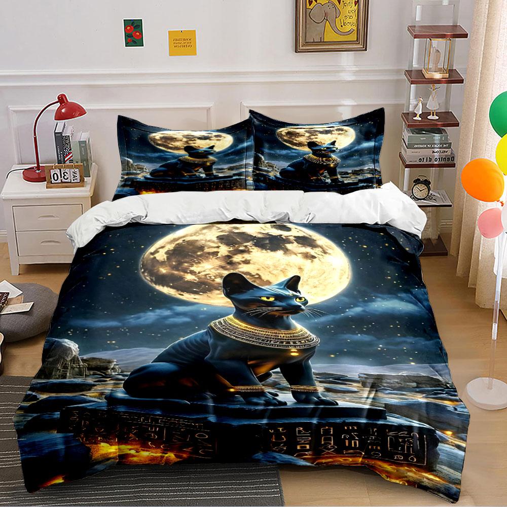 Egyptian Cat Statue Under Moon Bedding Duvet Cover Set (1*Duvet Cover 2*Pillowcases, without duvet insert)