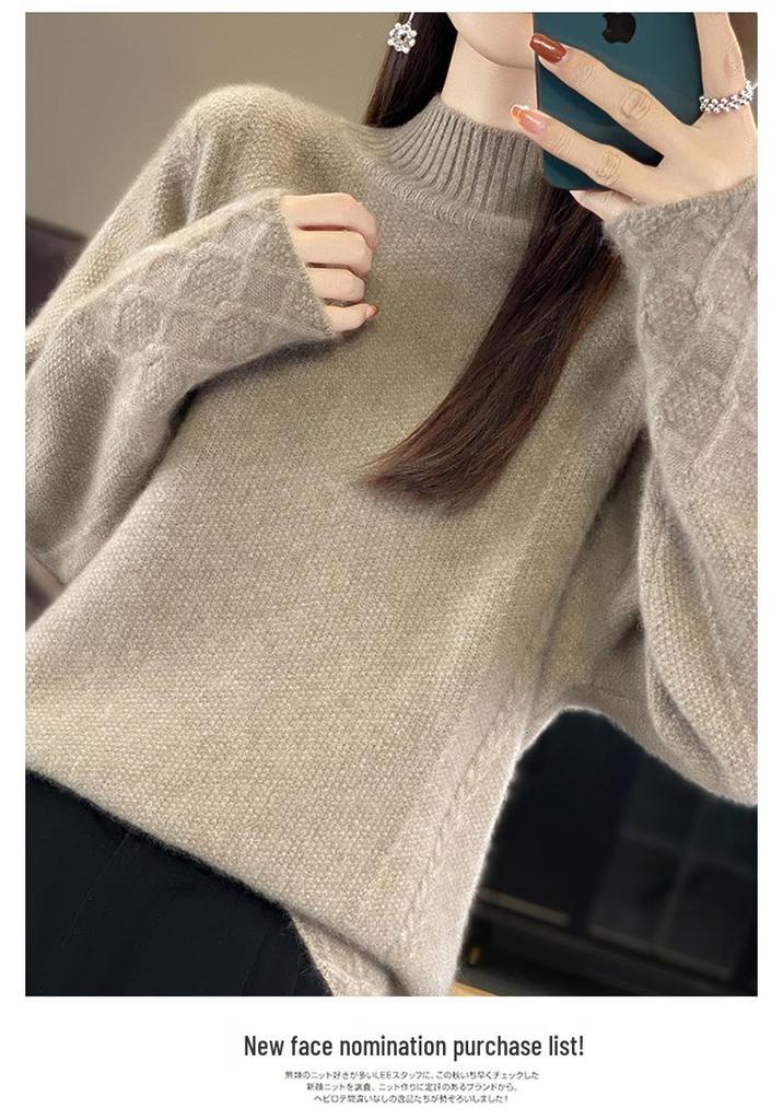 Women's Pure Wool Half-High Collar Sweater, Loose Fit, Cashmere Base Layer, Retro Jacquard Knit Pullover