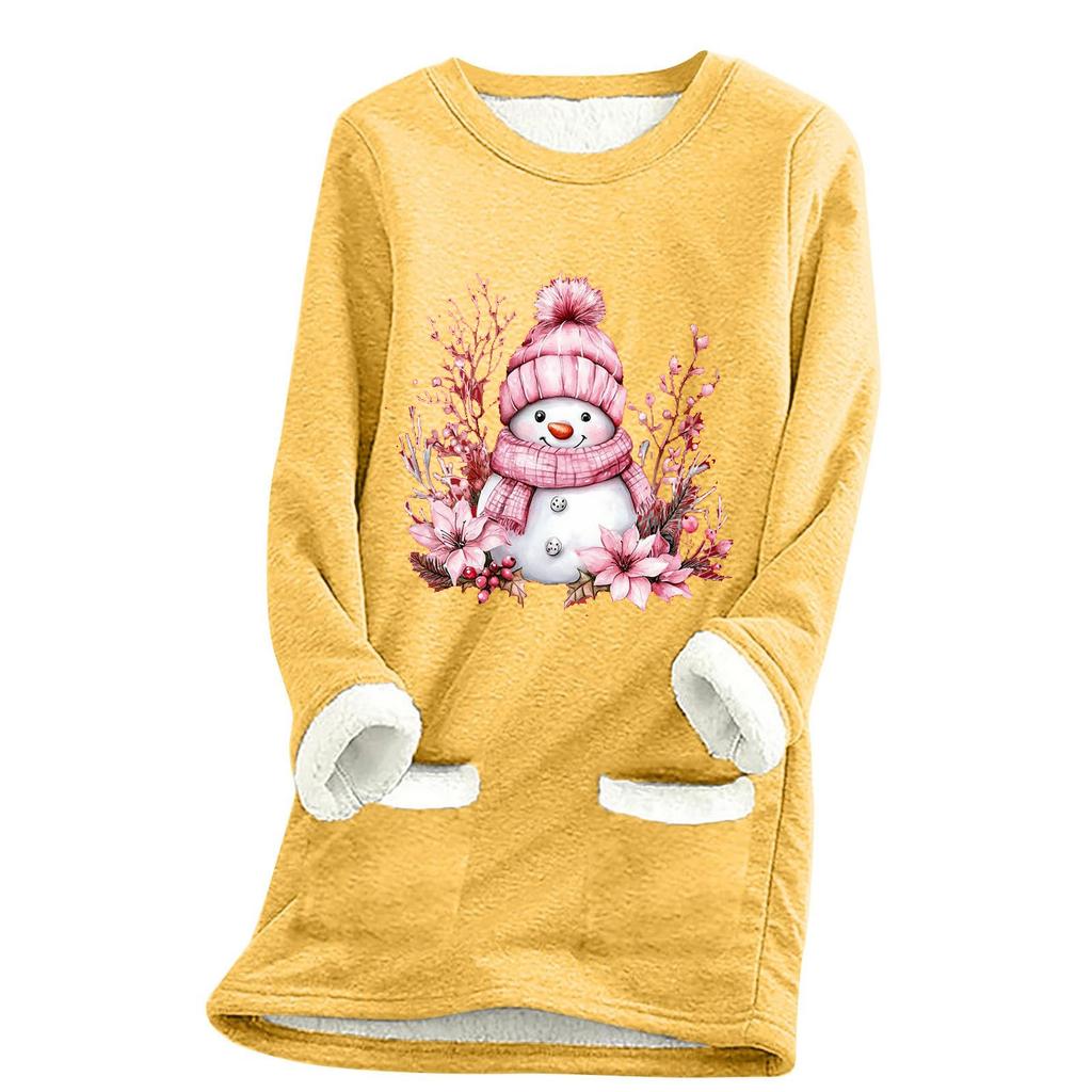 Damska luźna i wygodna bluzka z okrągłym dekoltem i nadrukiem świątecznym, z kieszeniami i długim rękawem