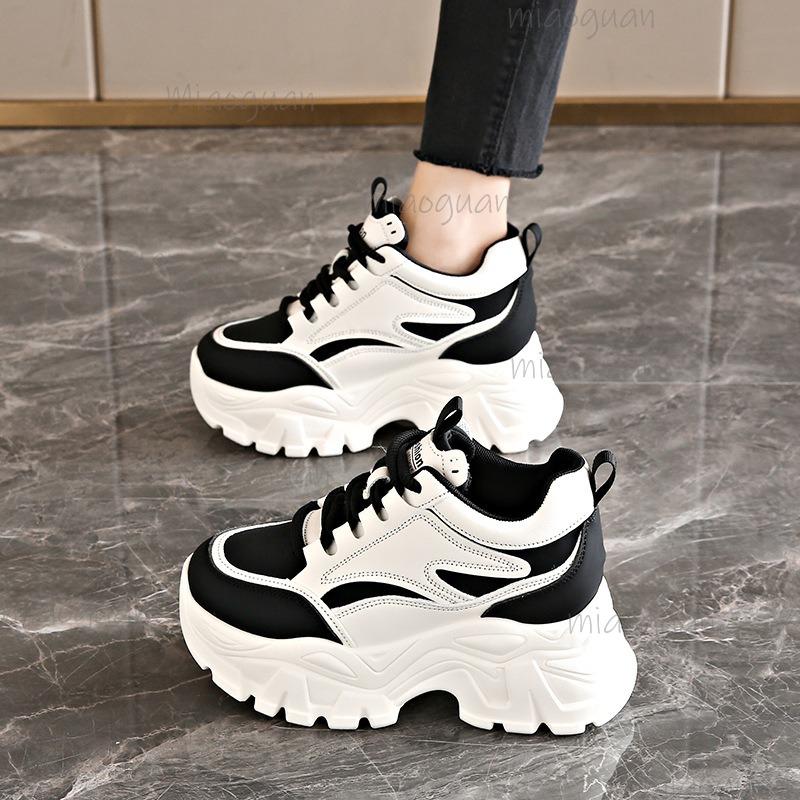 Chunky Sole Platform Sneakers Women's Lace-Up Thick Bottom Vulcanzied Shoes Female Pu Leather Non-Slip Sports Shoes Woman