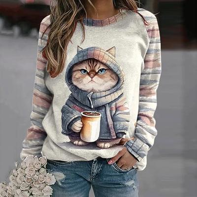 2024 Lässige Damen-T-Shirts mit Rundhalsausschnitt, lustige süße Sweatshirts mit Katzen-Tierprint, süße Pullover mit Rundhalsausschnitt, Sweatshirts für Damen