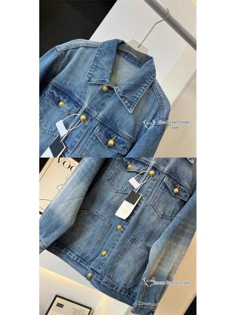 Veste en jean délavé style rétro Hong Kong pour femme - Mode décontractée ample Printemps/Automne 2025
