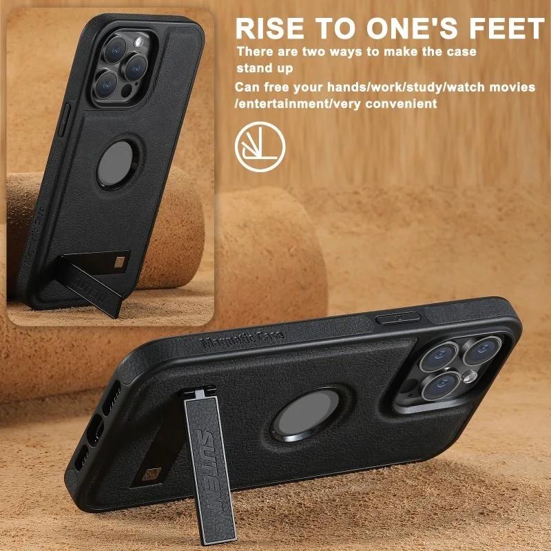 Leather Magnetic Clemence Holder Phone Case for IPhone 15 14 Plus 13 12 Pro Max WIth Kickstand Shockproof Protective Back Cover