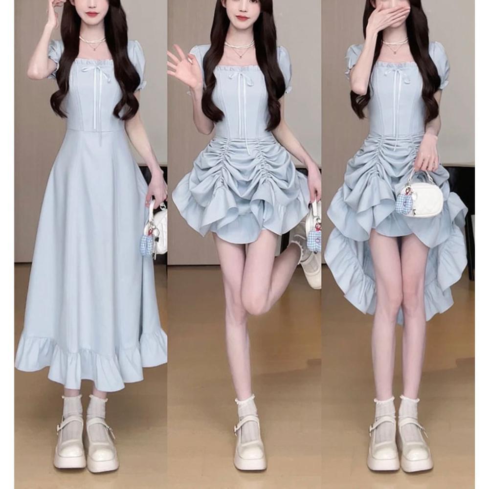 

Красное платье с квадратным вырезом, носите однотонные длинные юбки, темпераментное повседневное платье, талия и тонкая юбка-торт лето S- (can be worn within 45kg)