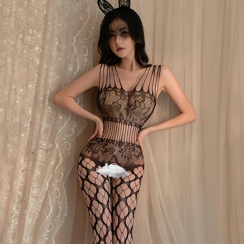 European and American jacquard mesh open onesie sexy underwear hollow sexy large size pajamas stockings temptation