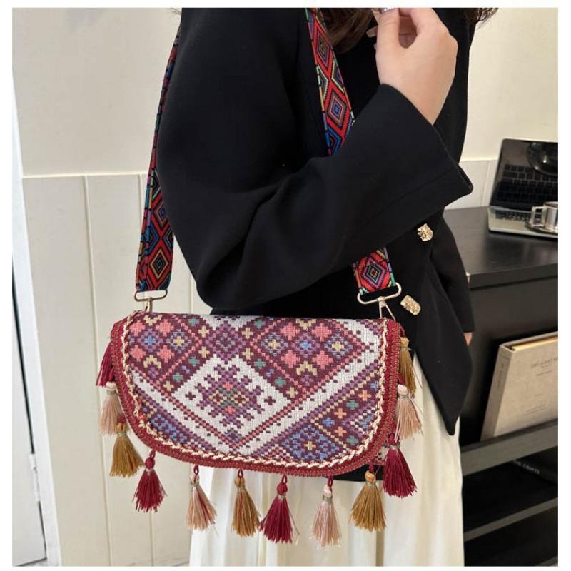 Ethnic-style Single-shoulder Bag Fashionable Small Square Bag Tassel Crossbody Small Bag