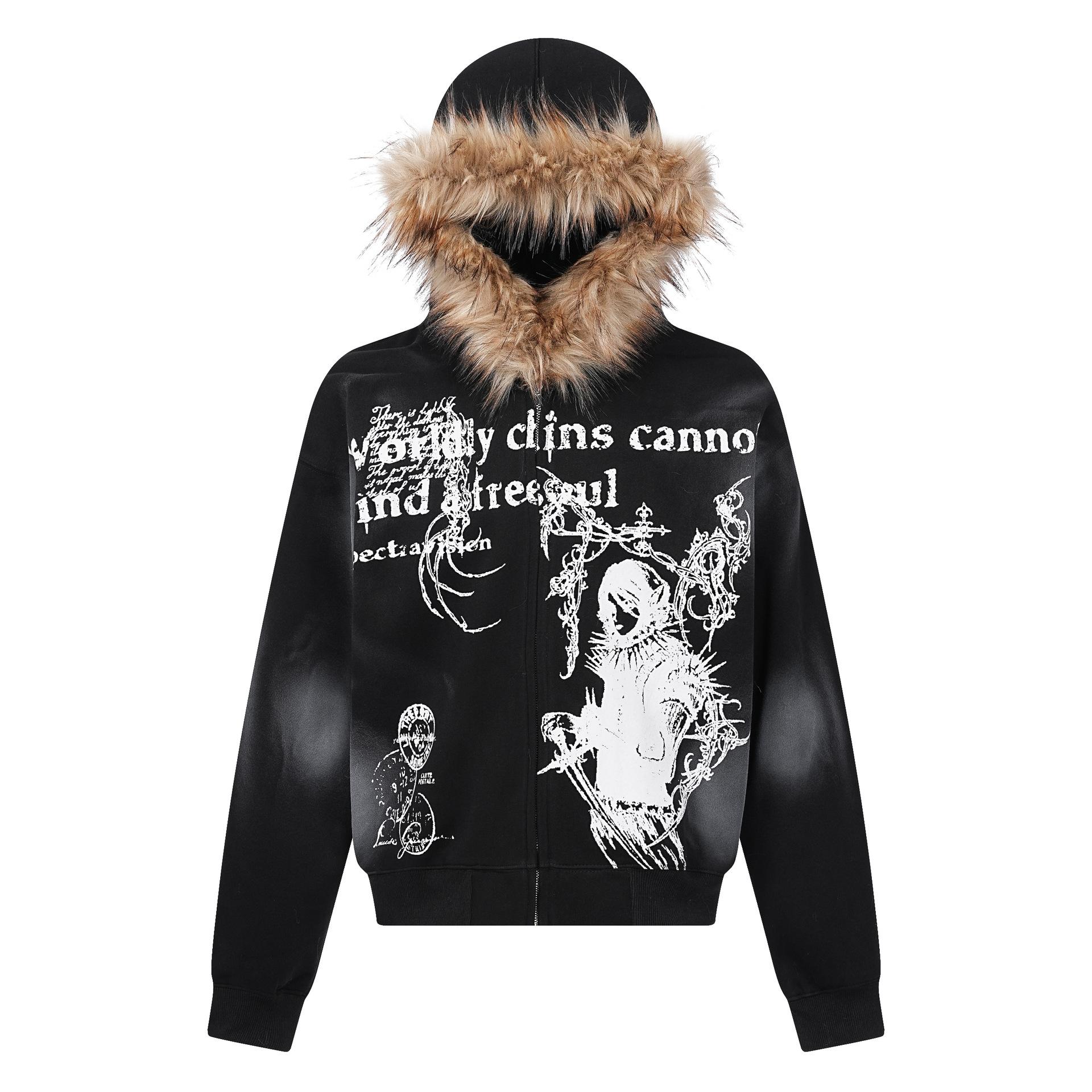 Men s New American Street Sweater Collar Hoodie Wasteland Dyed Washed Cardigan Zipper Sweater S
