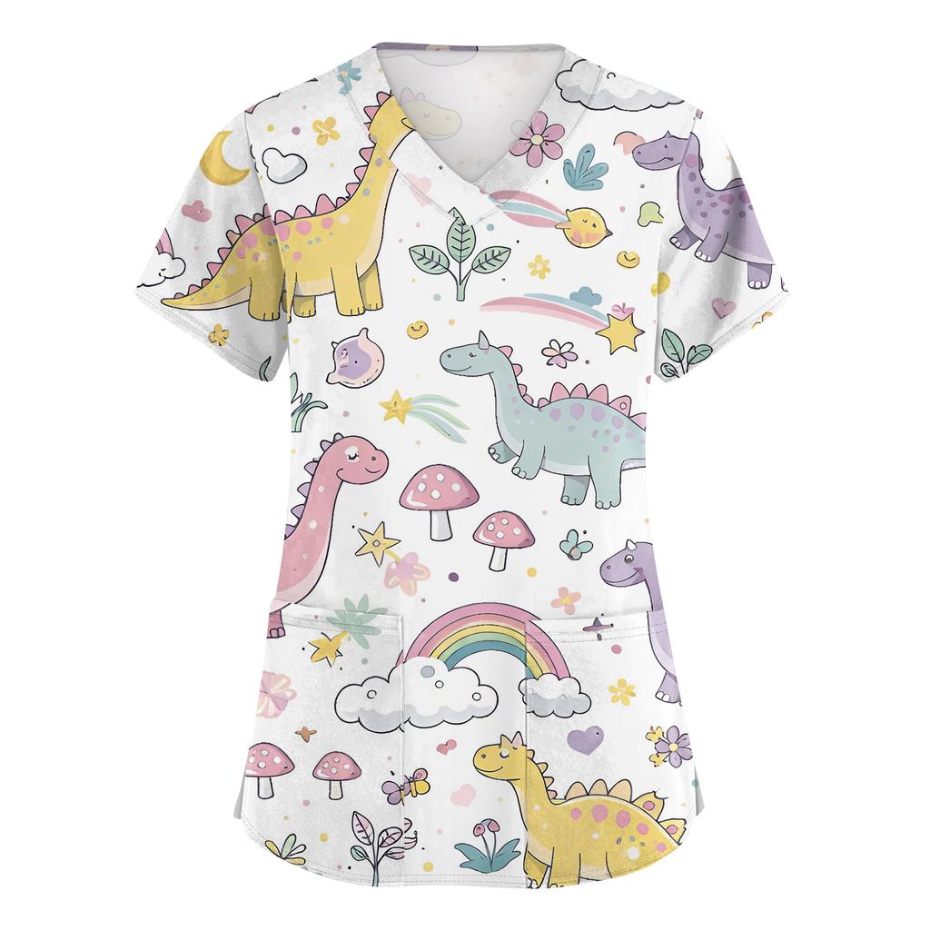 Women's Casual Short-Sleeve Cute Animal Print V-Neck Pocket Workwear Top