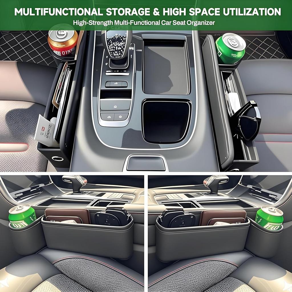 Premium Leather 2 PC Car Seat Gap Filler Organizer, Multifunctional Car Seat Organizer With Cup Holder For Drink,Car Leather Cup Holder Gap Bag Front