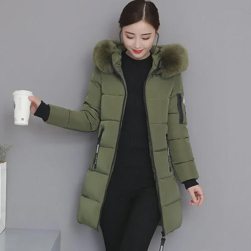 Women's Medium to Long Slim Fit Cotton Coat with Large Fur Collar