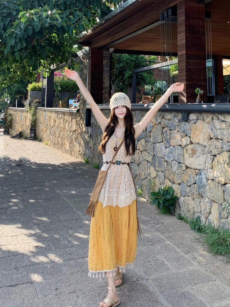 Bohemian Korean-Style Tassel Camisole Dress & Layered Lace Cover-Up Set for Women (Summer)