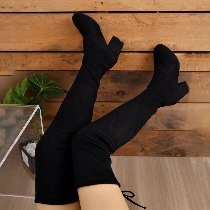 fashion Thigh High Sock Boots Women Over-the-knee 2024 Autumn Winter Chunky Heels Black Designer Elegant Sexy Medium Heel Botas De Mujer