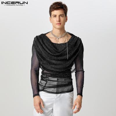 Men Swing Collar Long Sleeve Ruffled Layers Glitter Mesh Party Clubwear Tops T-shirts