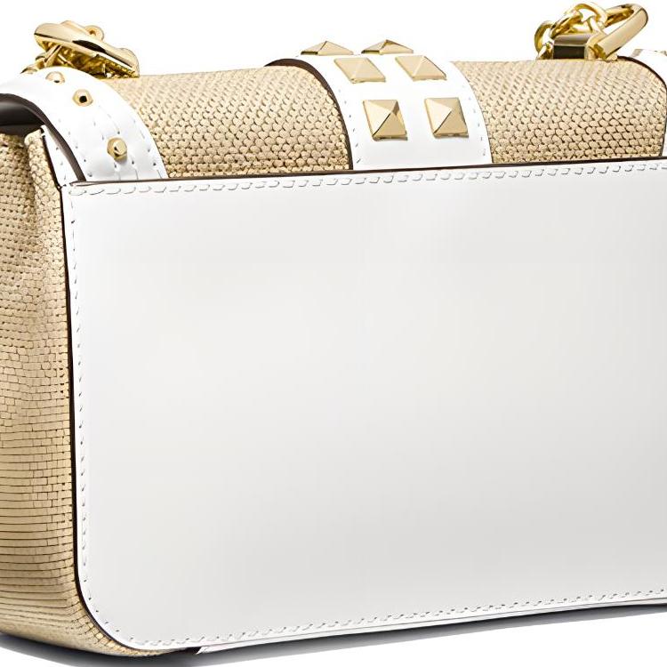 Michael Kors MK Soho Vintage Studded Flap Color Block Chain Commuter Canvas Leather Crossbody Bag Women Bags Brown White 30T1G1SL5K-OPTPLGOLD