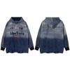 Unisex Oversized Denim Hoodie With Gradient Washed Embroidered Letters Loose Fit Streetwear Sweatshirt Fall