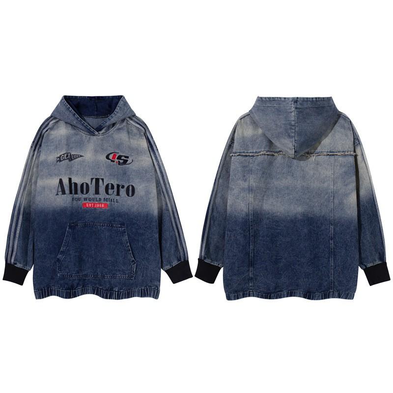 Unisex Oversized Denim Hoodie With Gradient Washed Embroidered Letters Loose Fit Streetwear Sweatshirt Fall