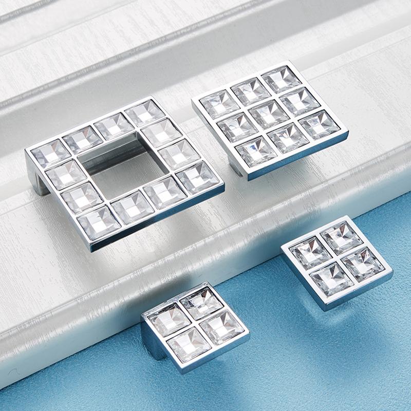 Modern Crystal Glass Knobs Cabinet Handles Silver Crystal Cupboard Pulls Drawer Knobs Kitchen Furniture Handle Hardware