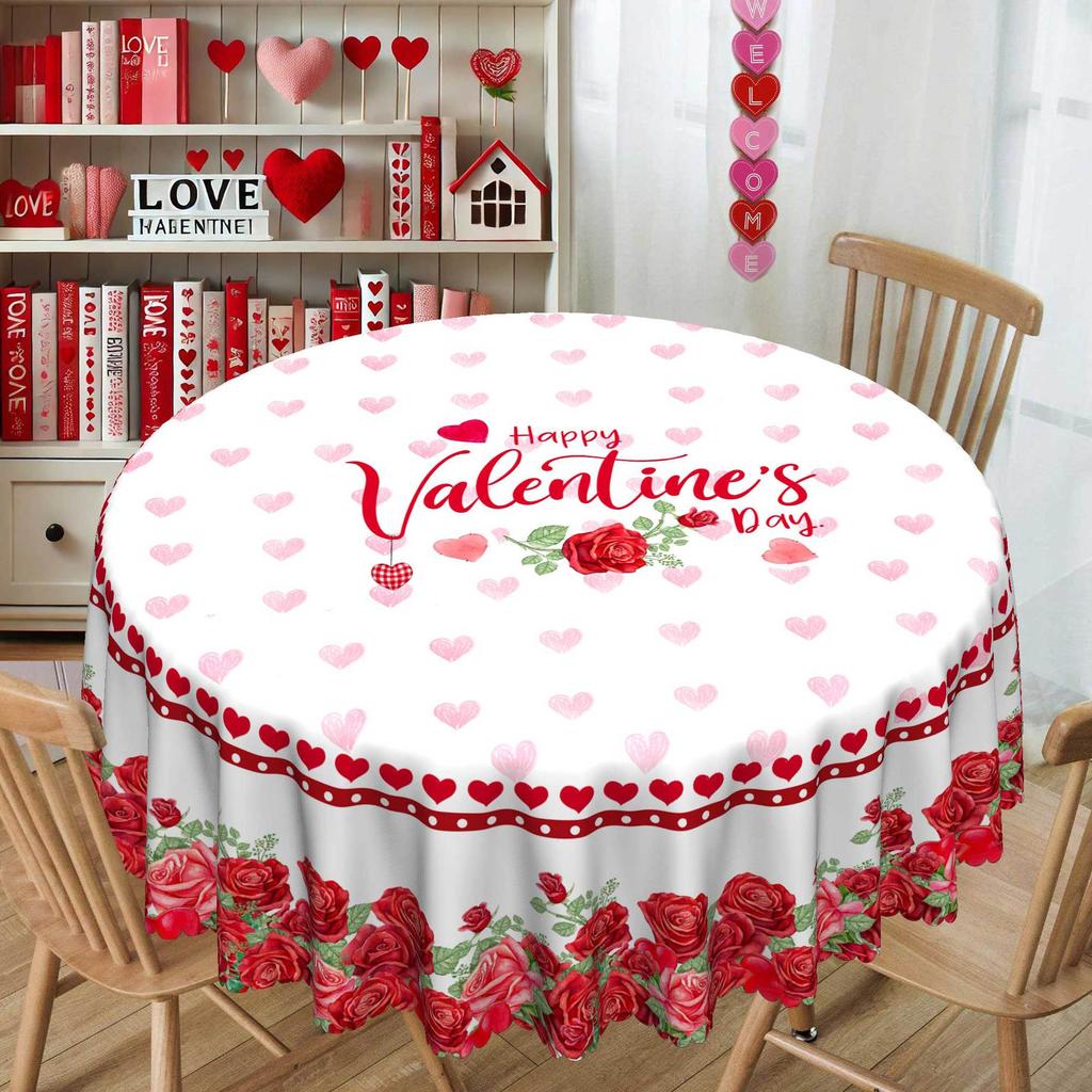 Valentine'S Day Love Rose Round Tablecloth, Red Romantic Round Table Cloth, Waterproof Leave-In Polyester Rectangular Table Cloth