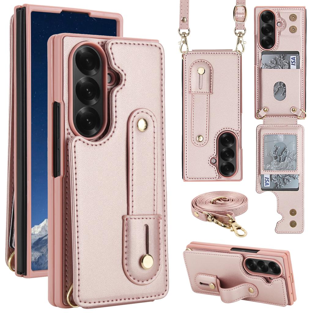 For Samsung Galaxy Z Fold7 5G Case Kickstand Card Slots Leather Coated TPU Cover with Shoulder Strap