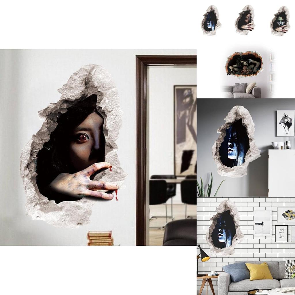 3d Realistic Horrifying Halloween Wall Breakthrough Ghost Girl Wall Sticker Removable Pvc Decor For Living Room And Hallway