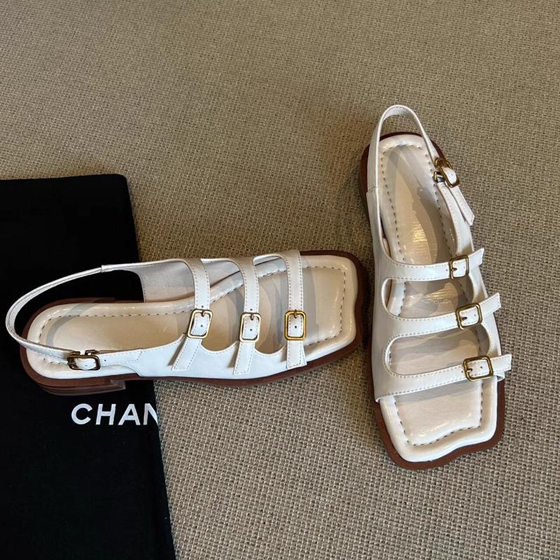 Fashion Fashion Belt Buckle Design White Flat Sandals Women High Quality Comfort  Low Heel Roman Sandals Summer Soft Leather Beach Shoes