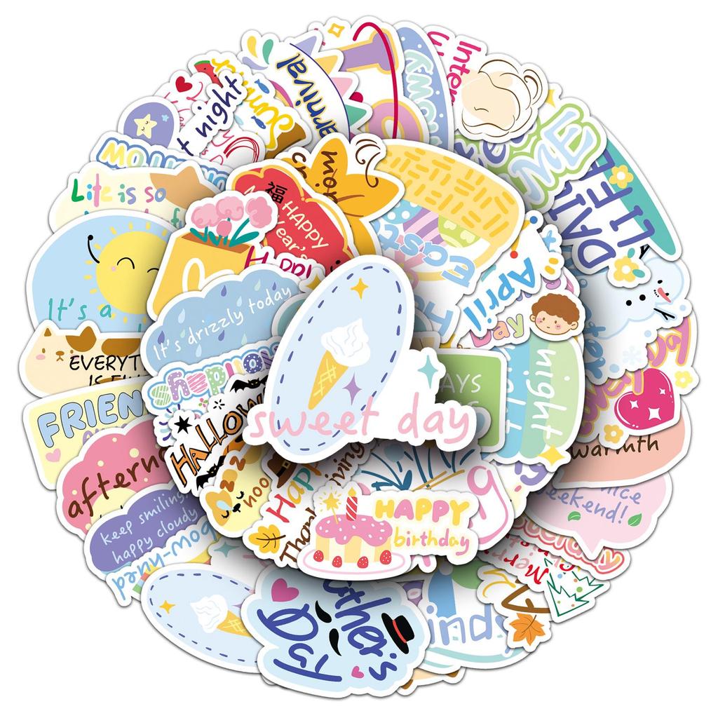 50 Original English Festival Cartoon Stickers for Phone Cases, Water Bottles, Books, and More