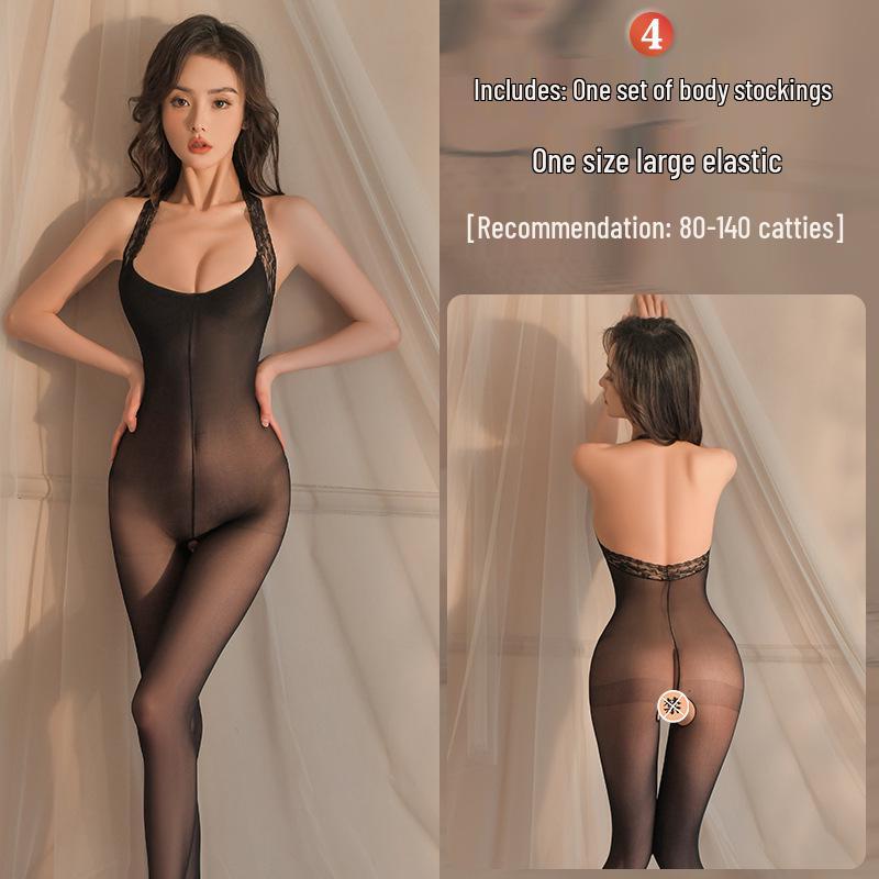 Intrigue Lingerie: Damen Verführung Set mit offenem Schritt und transparenten Netzstrümpfen
