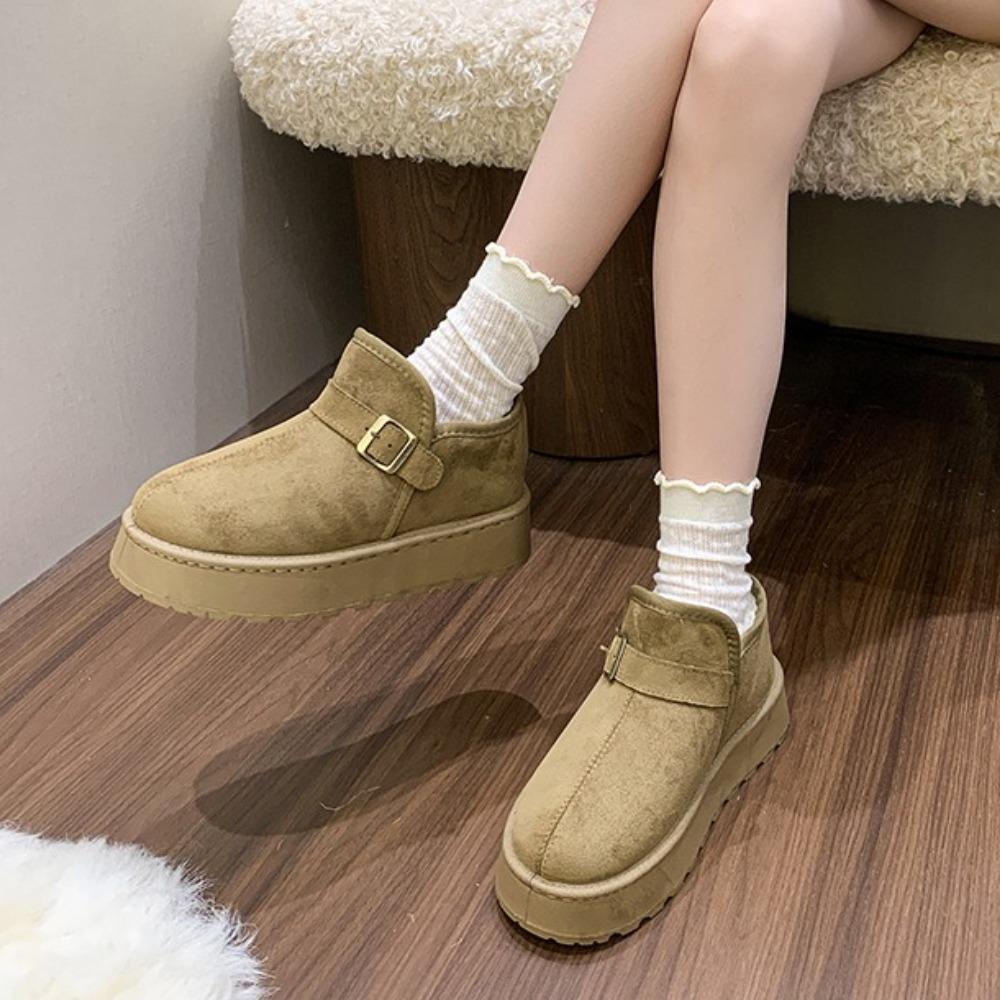 Fashion Metal Buckle Snow Boots Winter New Round Toe Spliced Suede Platform Casual Comfortable Flat Cotton Boots for Women
