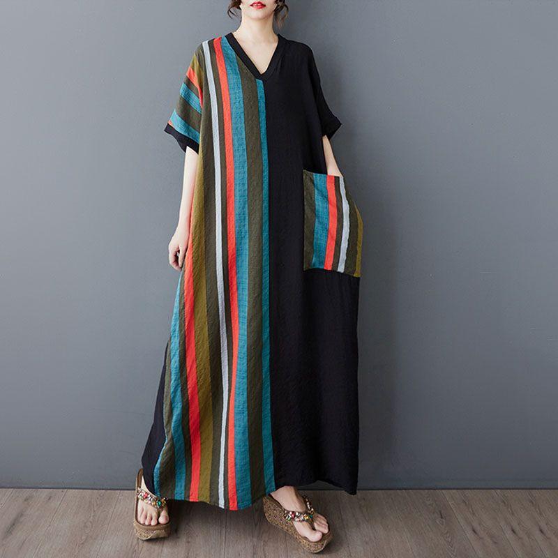 Letní tenké bavlněné a lněné tištěné šaty s výstřihem do V Dámské kontrastní prošívání Dlouhá sukně