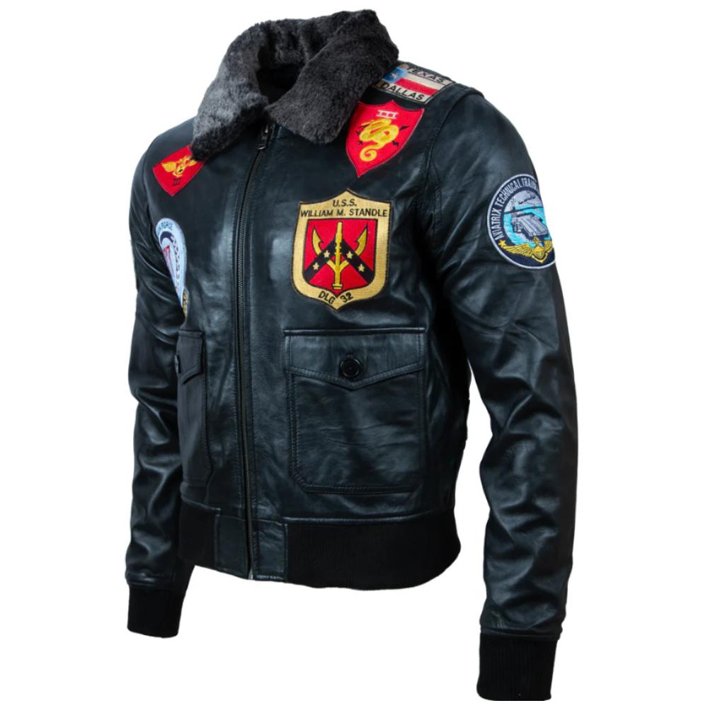 AVIATRIX Men's Real Leather Aviator Pilot Bomber Jacket (2KVE) - Black with Silver Fur Collar