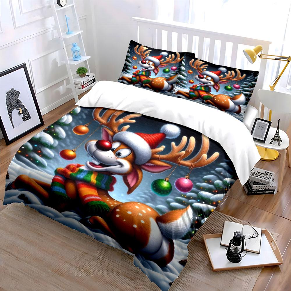 Festive Reindeer with Scarf Bedding Duvet Cover Set (1*Duvet Cover 2*Pillowcases, without duvet insert)