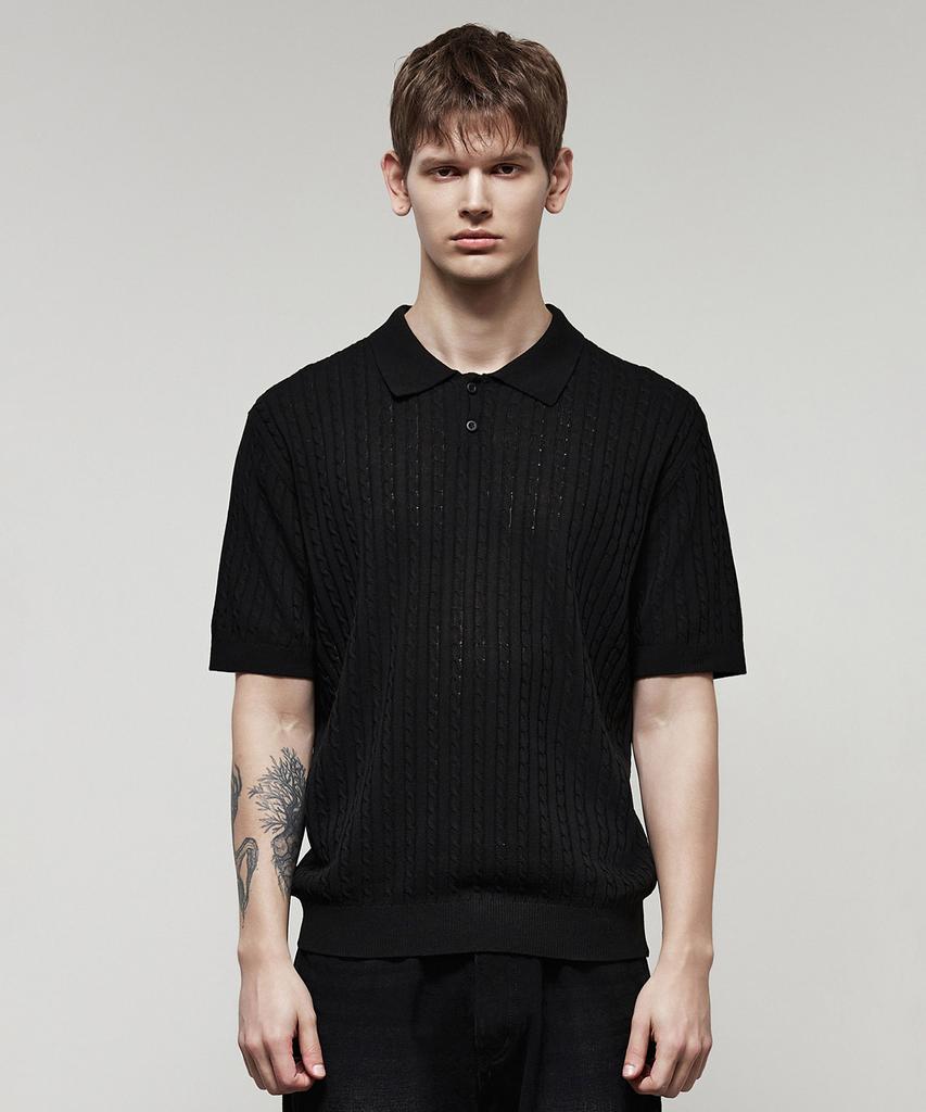 IL CORSO Essential Cable Collar Short Sleeve Knit Black Iesw5E502Bk