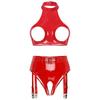 Womens Patent Leather Lingerie Set Wet Look Halter Open Bust Crop Tops with Open Crotch Garter Underwear Sexy Nightwear Clubwear