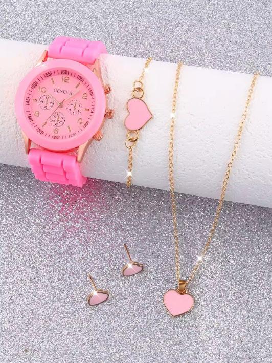 5-delige set Niche Mode Veelzijdige Stalen Riem Horloge Oorbellen Ketting Armband Ring Set Geen Cadeaubox