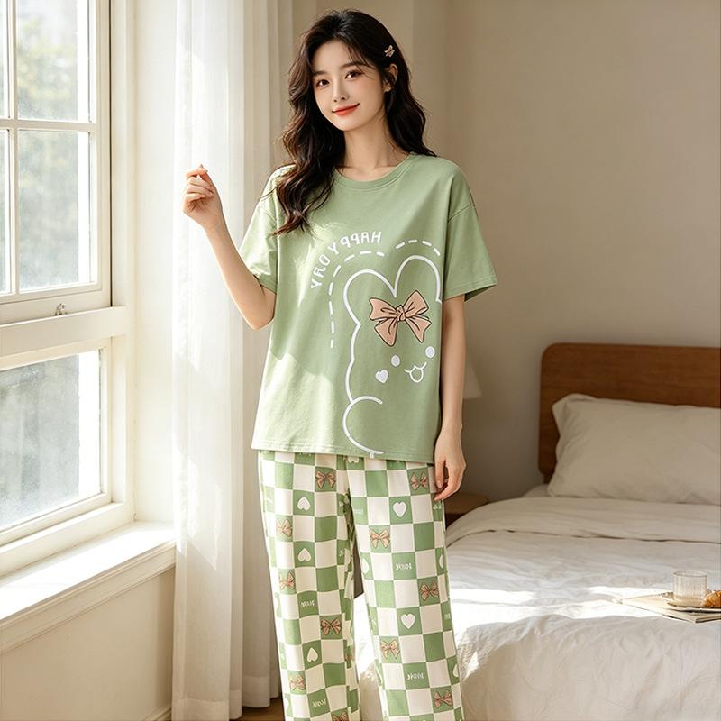 Plaid Cartoon Pajamas Women's Summer Vitality Girl Round Neck Short-sleeved Trousers Suit Casual Can Be Worn Outside Loungewear