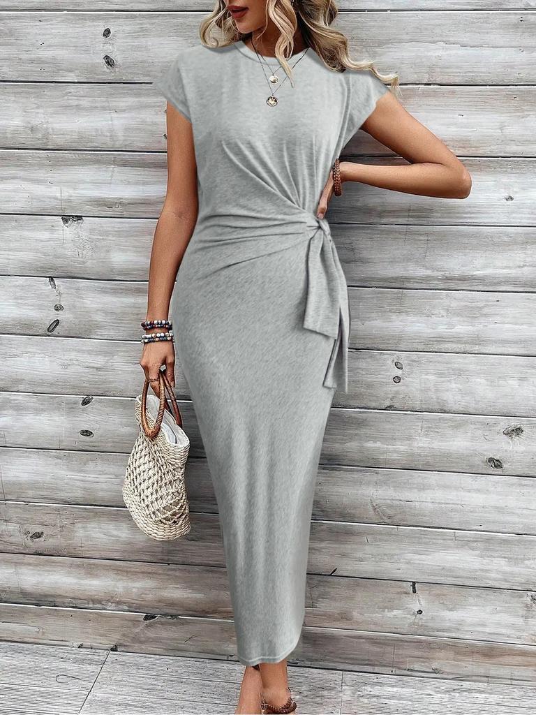 2025 Elegant Striped Short Sleeve Round Neck Waist Tie Summer Dress for Women