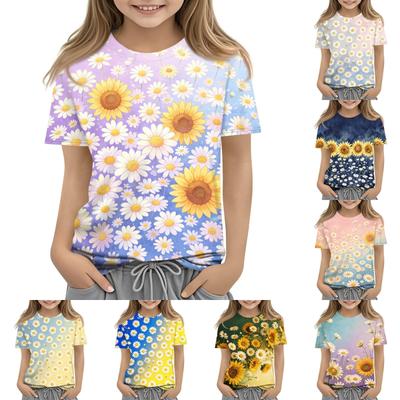 Kinder Blumenprint Rundhals Kurzarm Freizeit Locker Geschnittenes T-Shirt Bequem Leicht Atmungsaktives Material Sommerkleidung