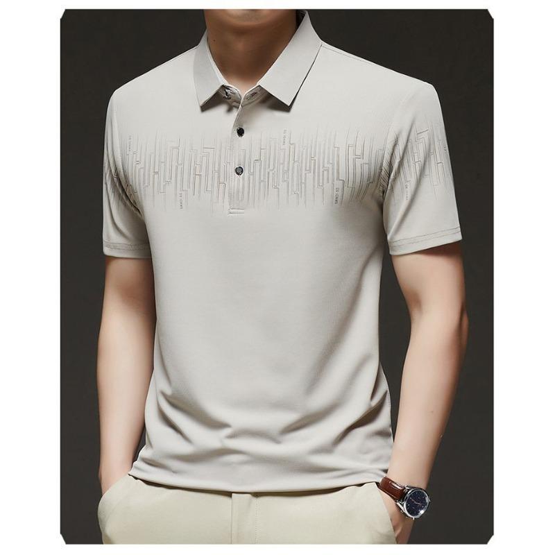 Men's Ice Silk Polo Shirt Short Sleeve Geometric Pattern Breathable Collared Top for Daily