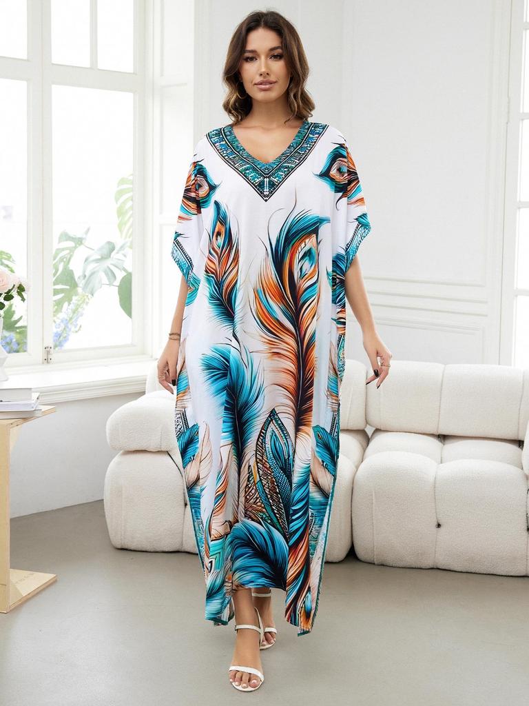 Luźny bawełniany szlafrok z nadrukiem w dużym rozmiarze - okrycie na wakacje na plaży dla kobiet