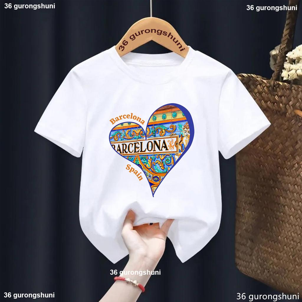 T-Shirt For Boys/Girls Heart-Shaped Graphics Barcelona Spain Printed T Shirt Kids Fashion Toddler Tshirt Cute Boys/Girls Tshirt