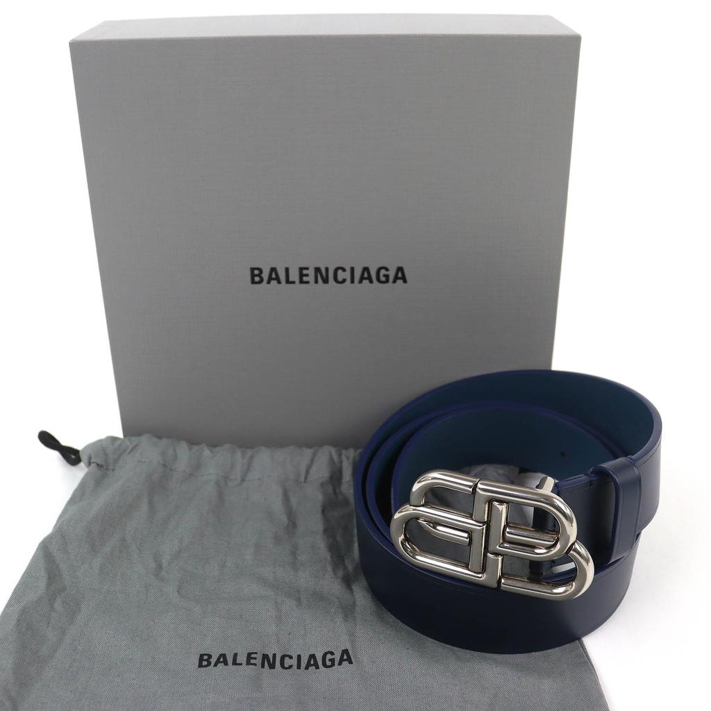 Excellent BALENCIAGA belt BB logo metal buckle leather Navy leather mens 570370 Used