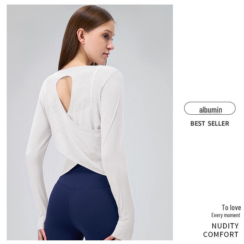 Bamboo Slub Loose Long Sleeve Yoga Top - Breathable, Hollow-Out Back, Slimming Cover-Up for Women