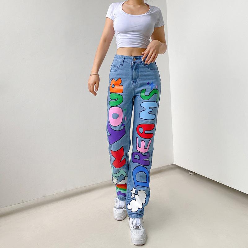 Trendy High-Waisted Loose Fit Printed Graffiti Women's Straight-Leg Jeans, Rainbow Denim Pants Loose Graffiti Printed